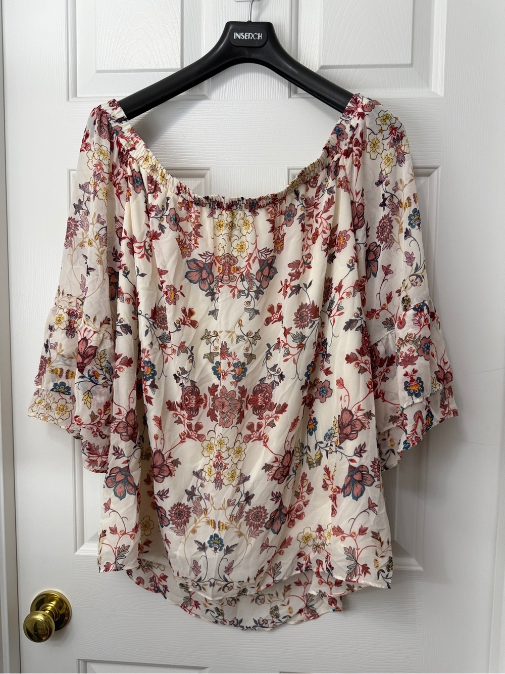 Alyx Cream Off-Shoulder Blouse with Burgundy & Blue Floral Print